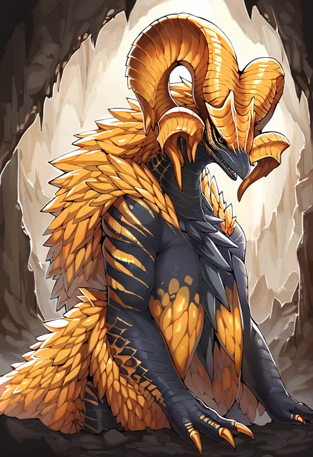 <lora:MH_KulveTaroth_a1_3_PonyXL_spnckpt1_th-1.4>,<lora:PDXL_artist_tags_v2_big>,score_9,score_8_up,score_7_up,kulve taroth,feral,by zackary911,by syuro,by hanuvo,solo,hi res,detailed background,cave,
looking at viewer,yellow eyes,black sclera,horizontal pupils,hands on ground,side view,gold cape,half-length portrait,