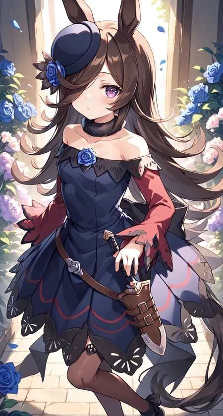 score_9,score_8_up,score_7_up,
official art,official style,game cg,megami magazine,
1girl,
rcs race,rice shower (umamusume),
animal ears,back bow,bangs,bare shoulders,belt,black bow,blue dress,blue flower,blue rose,
blush,brown hair,black legwear,brown thighhighs,collarbone,dagger,dress,dress bow,eyebrows visible through hair,
flipped hair,flower,fur choker,fur collar,hair flower,hair ornament,hair over one eye,
hat,hat flower,horse ears,horse girl,horse tail,knife,long hair,long sleeves,
off shoulder,off-shoulder dress,one eye covered,purple dress,purple eyes,purple headwear,rose,
sheath,sheathed,shoes,short dress,sleeves past wrists,tail,thigh-highs,thighhighs,
tilted headwear,very long hair,violet eyes,weapon,
standing,
<lora:umamusume_rice_shower_pony_v1:1>,