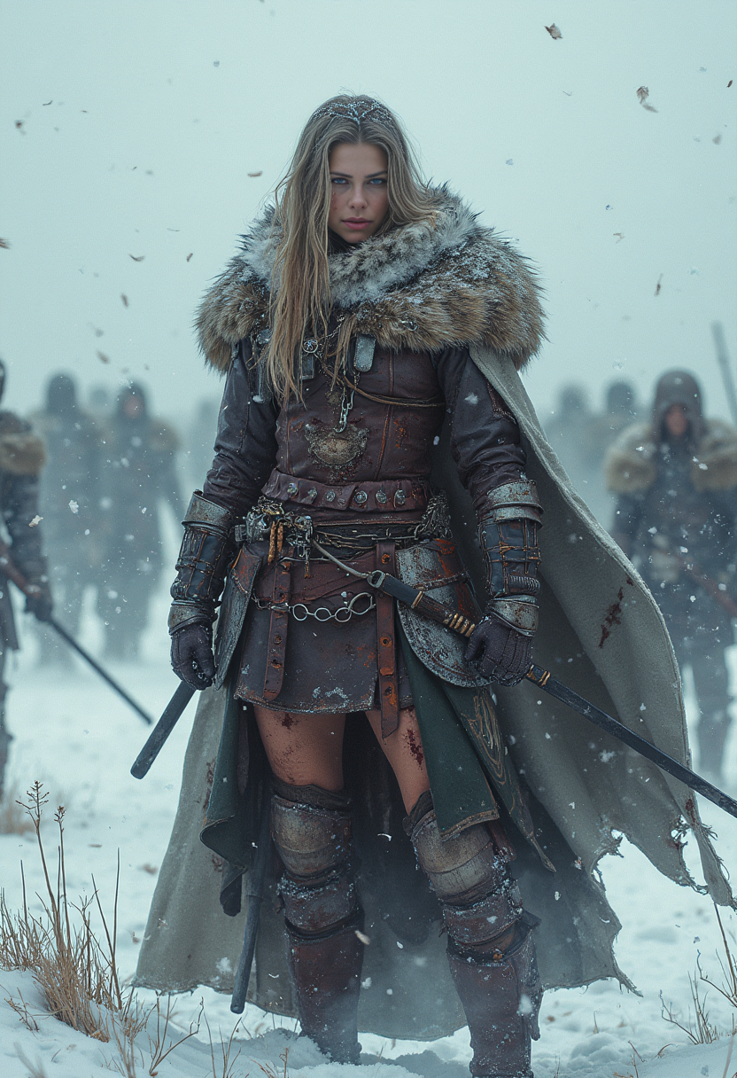 vikingpunk style, stunning warrior stands tall amidst the chaos of a snow-shrouded battlefield, fur-lined cloak and distressed leather armor covering from the neck down, battered and bloodied, muscles rippling beneath her skin, ruthless efficiency, snow swirling around her in a maelstrom, the clash of warrior echoing through the howling wind, (style of Wlop, Tyler Edlin, Jesper Ejsing),  <lora:other/flux_realism_lora:1.0> . Nordic, Viking-inspired, armor, mechanical, battle-hardened, fierce, brutal, futuristic, retro-viking and neonpunk influences