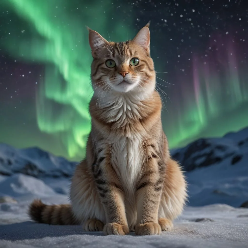 Photograph of a beautiful cat front of an aurora borealis, 8K, 5D canon, 50mm lens, 1.2, very detailed, realistic rendering, full body, natural lighting, photography (very detailed skin: 1.5), no defects, the overall composition is majestic, perfect hands and fingers, very beautiful realistic photo