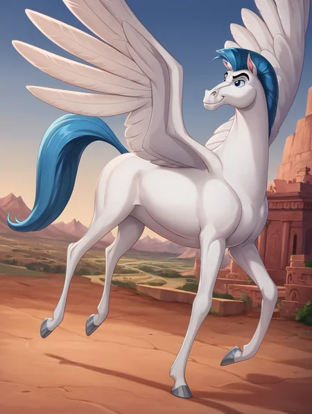 score_9, score_8_up, score_7_up, toon \(style\),ultra high quality,ultra high resolution,ultra ,full body, seductive, very realistic,(extremely detailed), detailed background,,(masterpiece, best quality, high quality, highres, ultra-detailed),toon (style), flat color, <lora:Pegasus_Hercules:0.8> pegasus, white fur, blue mane, white wings, blue tail, hooves, grey hooves, large wings, blue eyes, smirk, feral,all fours,solo,flying,in the air, ancient greece, landscape,landscape below,sleek snout,