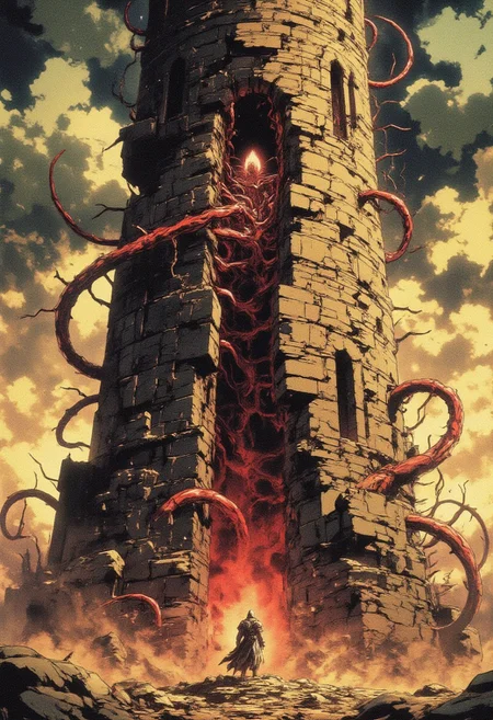 A crumbling, gothic stone tower rises amidst a desolate wasteland, its weathered bricks eroded by time and the scorching desert winds. The structure twists unnaturally, as if resisting collapse, its shadow casting jagged shapes across the cracked ground below. Twisting, pulsating red tendrils sprawl from a grotesque pit of writhing organic matter beside the tower, creeping upward and embedding themselves into its walls, overtaking it with sinister intent.
The air is thick with tension, the sky above a bleak, overcast swirl of ash-grey and muted yellow hues, and faint, eerie whispers seem to emanate from the grotesque mass. Within the tower’s open arches, a lone figure stands, clad in battle-worn armor, surveying the monstrous sight. Dust billows in the air, illuminated by thin beams of sunlight breaking through the stormy clouds, casting an ominous glow on the crimson infestation below.
This is a place of decay and corruption, a cursed stronghold trapped in a perpetual struggle between ruin and rebirth, where the land itself seems alive with malicious intent.