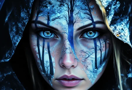 aidmaMJ6.1, darkcore, Jeddblexpsre,double exposure, ethereal. A close-up shot of a breathtaking young womanâs face, where her facial features are softly blended with an ethereal overlay of a misty winter forest . Her piercing blue eyes and delicate skin textures are visible through the translucent silhouette of the forest, creating a dreamy, surreal double exposure effect. The icy crystals on the hood of her light blue medieval cloak merge harmoniously with the natural elements. The soft lighting highlights both the woman and the superimposed scene, while shadows and highlights enhance the depth, giving the composition a balanced, thought-provoking appearance., <lora:FluxDFaeTasticDetails.safetensors:1.0:1.0> <lora:aidmaMJ6.1-FLUX-V0.2.safetensors:1.0:1.0> <lora:Flux DoubleExposure_epoch_1.safetensors:1.0:1.0> <lora:NebulaNexus_v1.safetensors:0.7000000000000001:0.7000000000000001>