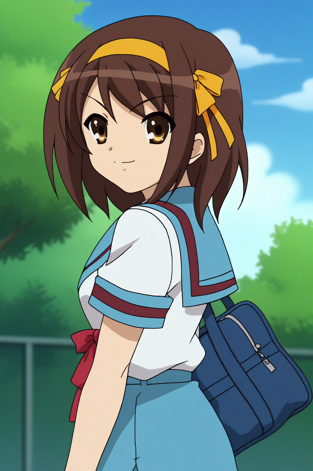 Haruhi Suzumiya, school uniform <lora:suzumiya_haruhi_no_yuuutsu-Haruhi_Suzumiya-PDXL:0.8>