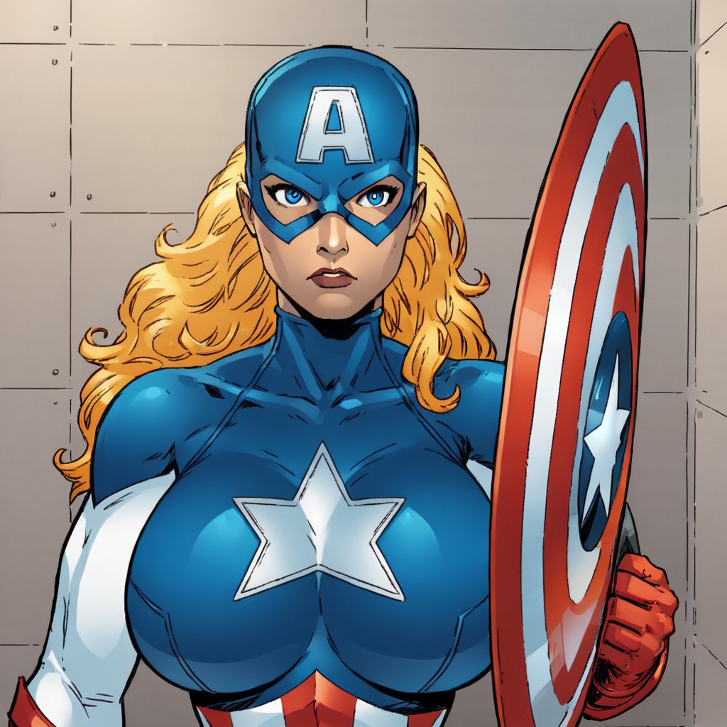 American Dr3am,1girl, superhero, blonde hair, solo, animification, long hair, blue eyes, mask,  shield, holding,holding shield,gloves, star (symbol), huge breasts, upper body,bodysuit, mansion interior background