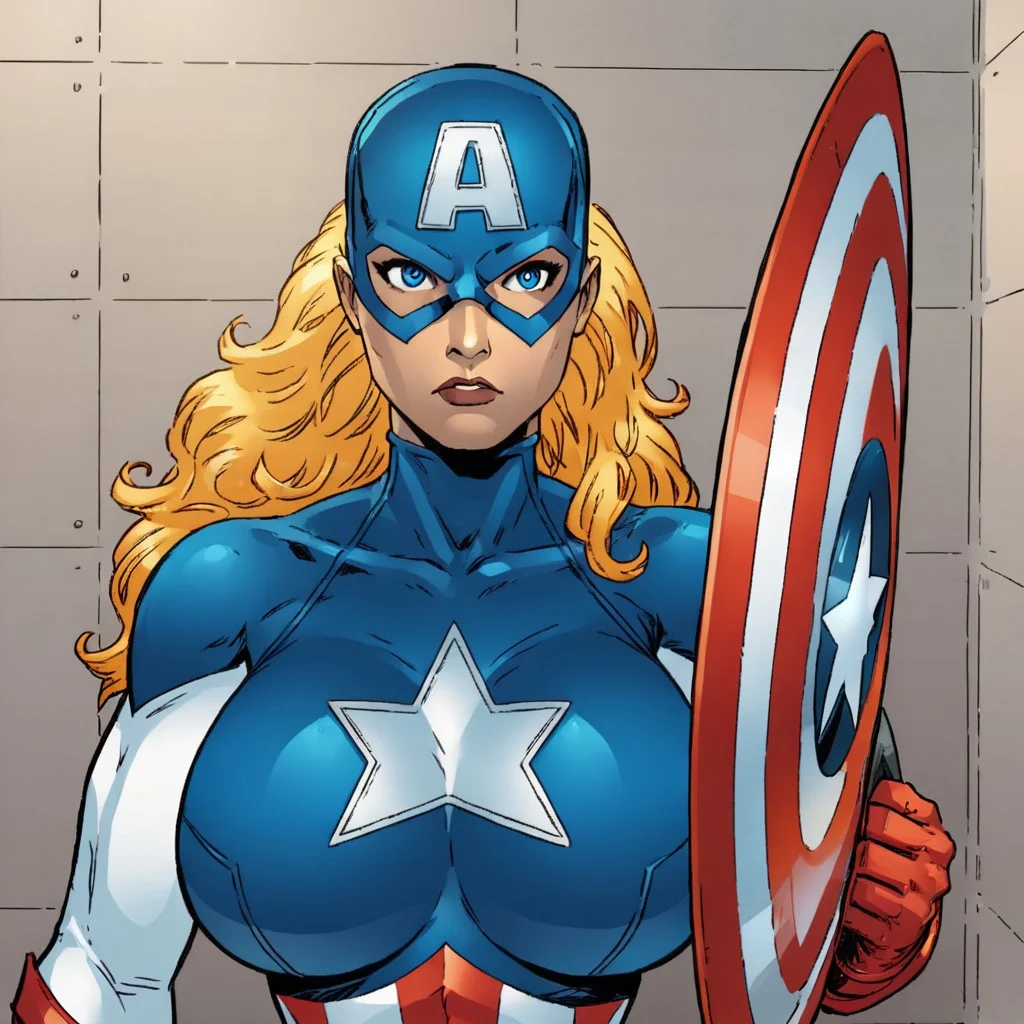 American Dr3am,1girl, superhero, blonde hair, solo, animification, long hair, blue eyes, mask, shield, holding,holding shield,gloves, star (symbol), huge breasts, upper body,bodysuit, mansion interior background