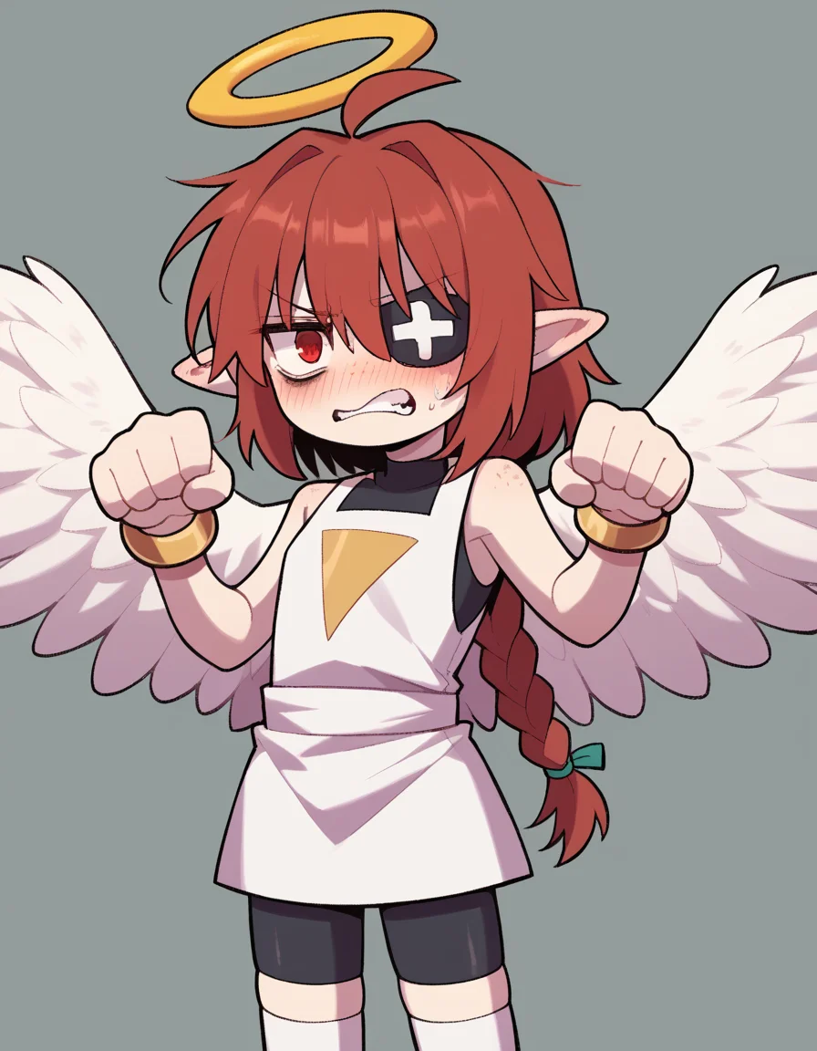 zPDXL, score_9, score_8_up, score_7_up, source_anime, 4k, absurdres, 1girl, solo,
<lora:CWew:1> cwew, angel wings, feathered (angel wings), white socks, thighhighs, bike shorts, white tabard, gold bracelets, looking at viewer, paw pose, blush, embarrassed, angry, clenched teeth,, <lora:Nullantwins:0.8> Lynn, red hair, red eyes, (hair over one eye), braided ponytail, halo, freckles, bags under eyes, jitome, ahoge, pointed ears, flat chest, eyepatch