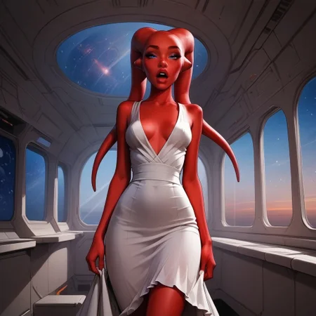 safe_pos, detailed shading, cinematic lighting, depth of field, ((dynamic view)),
BREAK
((female Twi'lek, red skin, stunning blue eyes, 18 years old)), (sexy girl, perfect hourglass figure, feminine hips, perfect round ass, perfect medium breasts), (skin detail, freckles, moles:1.4), 
BREAK
((tight white dress, plunging neckline)), perfect makeup, 
BREAK
(eyes half closed, come hither look:1.2), moaning, 
BREAK
(1girl, looking at viewer, eye contact, posing seductively, undressing, nip slip:1.2),
BREAK
(spaceship interior, low light, round window, view of space in background, objects floating in mid-air, detailed multi-layered background:1.6),