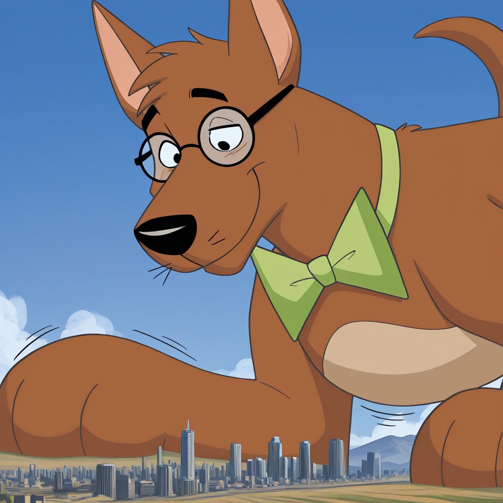 score_9, score_8_up, score_7_up, score_6_up, (source_furry), BREAK, high quality, detailed, best quality, amazing quality, 1boy,solo, furry male, anthro, Juniorsfather, furry, pointy ears, feral, canine, dog, black nose, brown body, brown fur,body fur,detailed cityscape, taking up the whole screen, newest, highres, masterpiece, extreme detail, giantess, male, landscape dwarfing,standing,impact, growth lines,close-up, looking down at viewer, smug, beige belly, sky, blue sky, day, tail, glasses, green bowtie, big paws, desert
