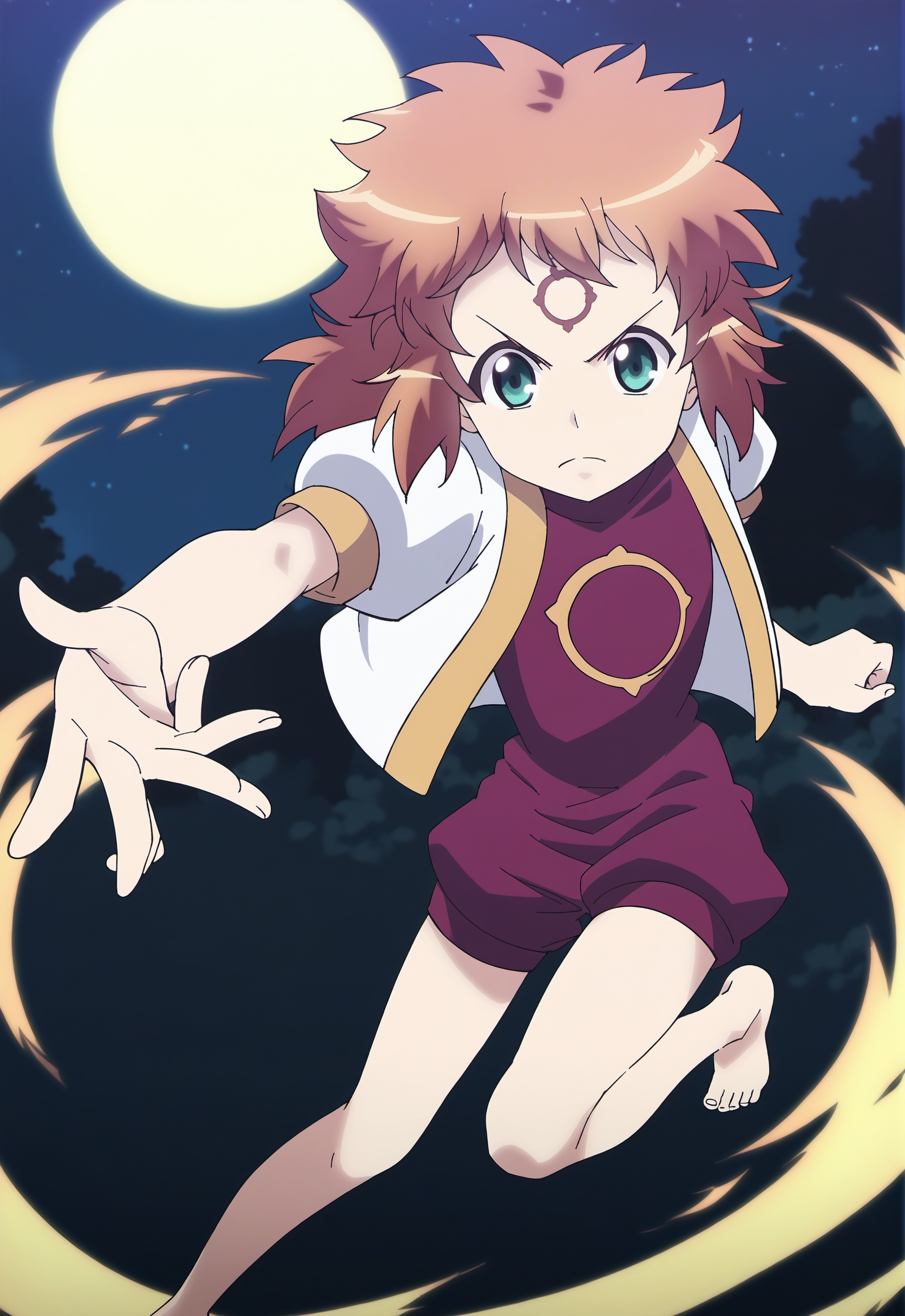 score_9, score_8_up, score_7_up, score_6_up,
BREAK
miyou mimane, 1girl, o o, 0 0, orange hair, medium hair, messy hair, bangs, flat chest, serious, floating hair, forehead mark, dynamic pose, incoming attack, 
BREAK
red shirt, clothes writing, white jacket, open jacket, puffy short sleeves, red puffy shorts, barefoot
BREAK
thunder, night, dark, dynamic background, motion lines, night sky <lora:Tsugomo2MimaneMiyou:1>