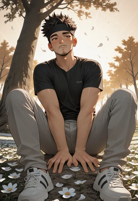 masterpiece, best quality, amazing quality, good quality, very awa, newest, highres, absurdres, warm light, lively and bustling atmosphere, background details visible, shiny skin, outdoor, flower field, tree, sky, sunbeam, solo, male focus,
1boy, black hair, spiked hair, brown eyes, headband, facial hair, amirrama, shirt, pants, white sneakers,
dynamic pose, relaxing, fisheye, windy, (flying petal:1.5),