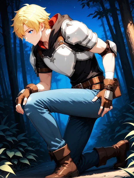 masterpiece, very aesthetic, best quality, amazing quality, solo, 23 years old, imtdjaunearcil, 1boy, blonde hair, short hair, armor, gloves, pants, belt, blue eyes, hood, fingerless gloves, brown gloves, jeans, denim, hoodie, hood down, shoulder armor, boots, shoulders pads, beautiful background, dark background, night, nature, outdoor
