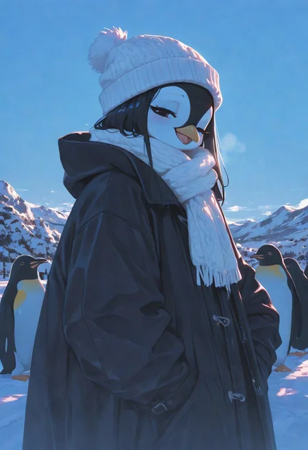 masterpiece, best quality, very aesthetic, absurdres, (anime coloring:1.2), dynamic lighting, ambient light, soft light, Rapscallionstyle, usnr, xxx667_illu, line art,
a girl wearing knitted hat, long scarf, black windproof coat, white trimmed fur, ski outfit, squarting, looking down at penguins, meeting many cute penguins, happy, sweet smile, cute smile, ice berg, white and blue background, cute Atmosphere, dim light,
high detail, sharp shading, centered composition, soft shadows