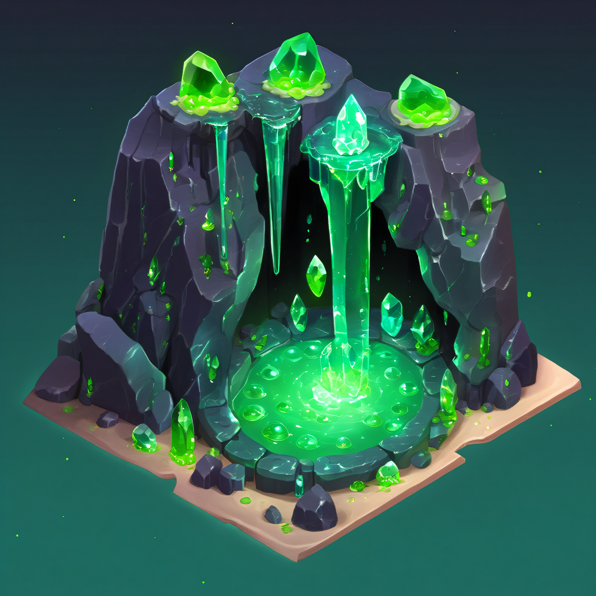 ((masterpiece, best quality)),  absurdres,  Isometric_Setting,  highly detailed,  Isometric_Setting,  cave,  green crystal,  magic,  green glowing,  slime, <lora:Stylized_Setting_SDXL:0.8>