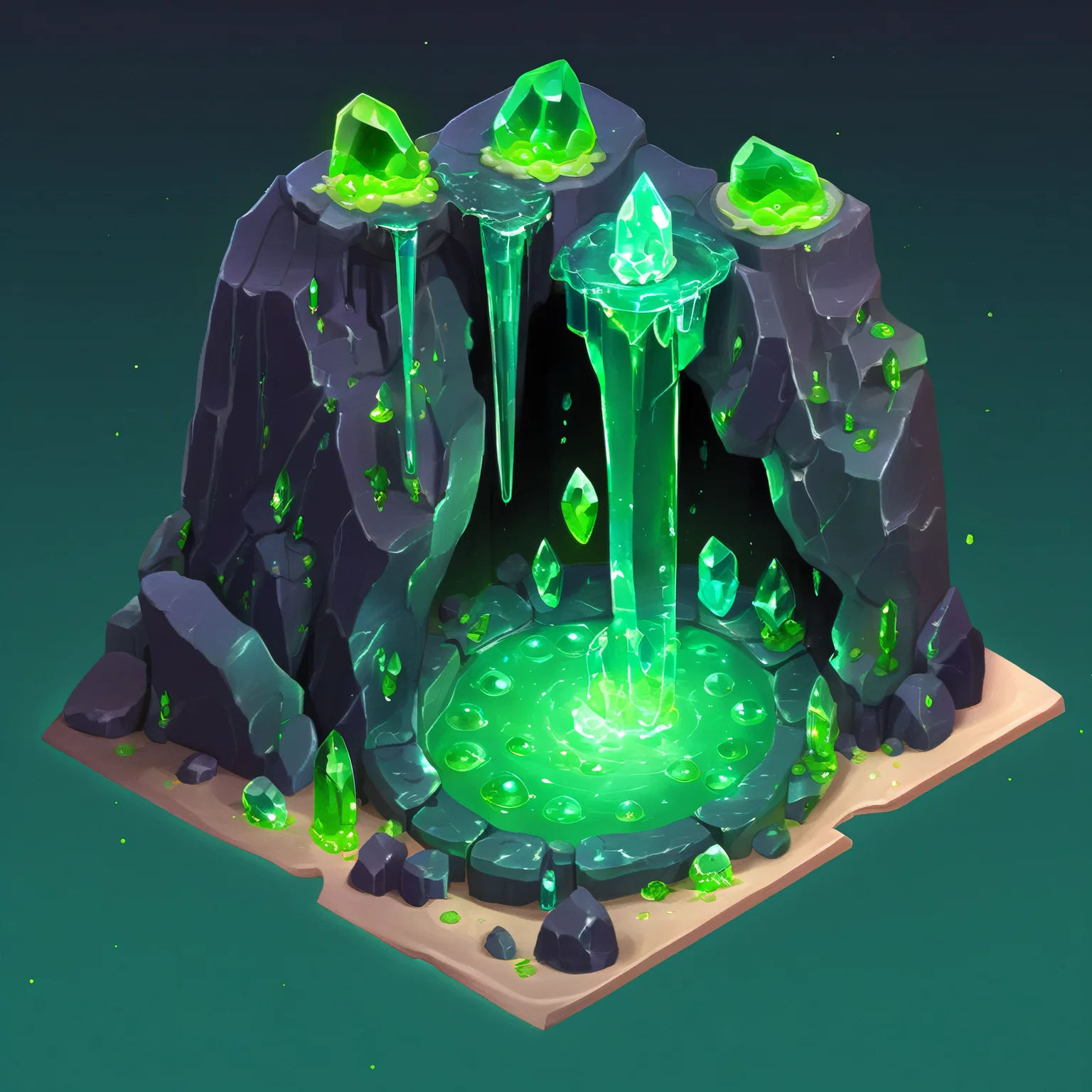 ((masterpiece, best quality)), absurdres, Isometric_Setting, highly detailed, Isometric_Setting, cave, green crystal, magic, green glowing, slime, <lora:Stylized_Setting_SDXL:0.8>