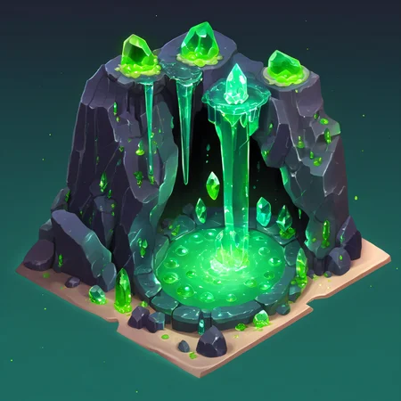 ((masterpiece, best quality)), absurdres, Isometric_Setting, highly detailed, Isometric_Setting, cave, green crystal, magic, green glowing, slime, <lora:Stylized_Setting_SDXL:0.8>