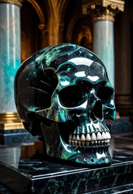 Fujifilm XT3, Sony A7 IV, (award winning photography) a black marble skull made of opal set on a pedestal in temple, glistening. in the background beautiful pillars, divine (iridescent: 0.79), opalescent textures, volumetric light, ethereal, sparkling, studio photo, highly detailed, sharp focus (highest quality: 1.39) (highest coherency: 1.39) (award winning photography), highly detailed photography, (muted colors, cinematic, dim colors, soothing tones:1.2), vibrant, insanely detailed, hyperdetailed, (dark shot:1.2), (vsco:0.3), (intricate details:0.9), (hdr, hyperdetailed:1.2) (vignette), sss