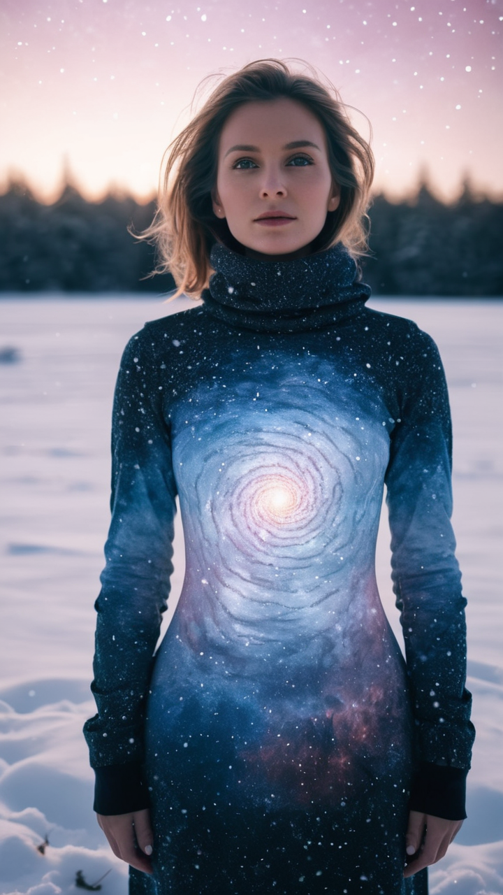 A close up fantastic image of a woman's outline containing the entire galaxy inside of her, as she stands in a field covered in snow, a soft aura surrounding her