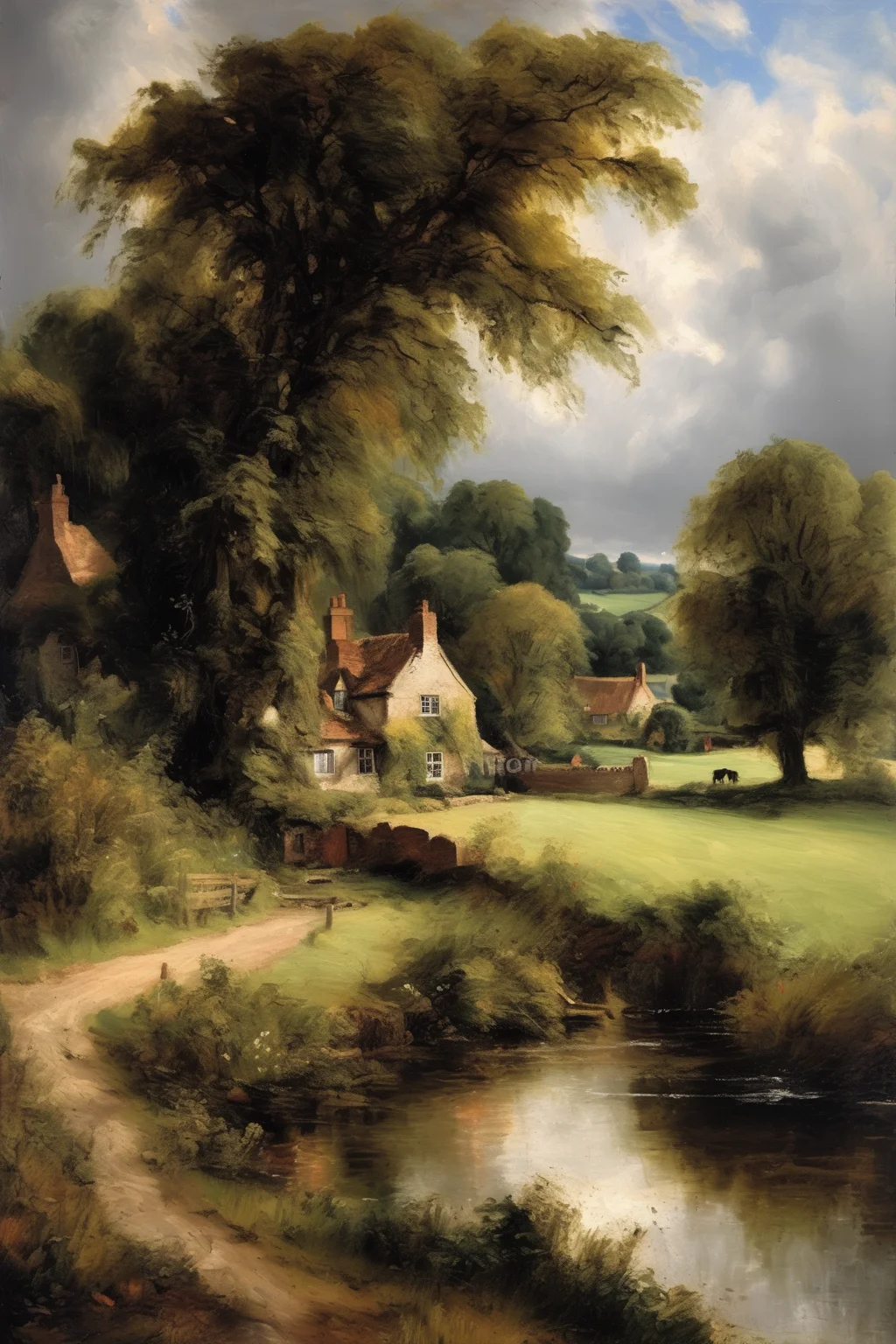 John Constable Style - picturesque English countryside artistic, atmospheric, fine brushwork, impasto, detailed oil paint, Rembrandt, Da Vinci, Caravaggio, Vermeer, in the style of an Old Master oil painting