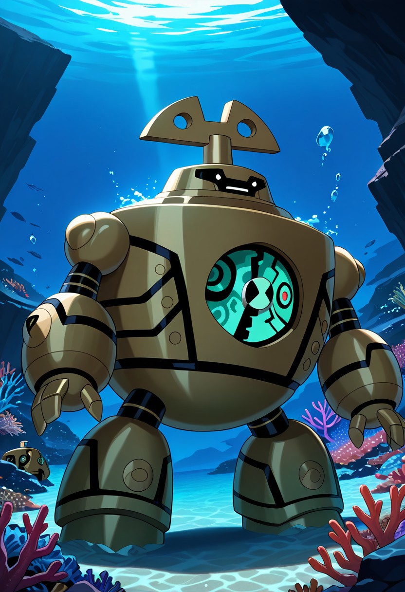 masterpiece, best quality, amazing quality, very aesthetic, absurdres, newest, 
 clockwork, robot, solo, no humans, 
underwater, covered in coral, sea floor, coral reef, rusty robot, black eyes, black mouth, old robot, damaged robot,
