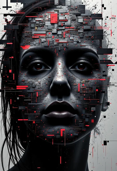 ✪ A chaotic abstract portrait where the face of a mysterious figure is gradually morphing into countless swirling layers of cyber textures, pixel shards, and random symbols (⚙️, ♠, ☯), each layer flickering like an overexposed computer monitor in a malfunctioning dream.
, aidmamj6.1, aidmaHyperrealism, aidmafluxpro1.1
