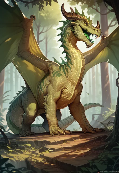 (score_9, score_8_up, score_7_up, score_6_up) , (solo),(EasyNegativeV2:1.3),
PonyXLV6_Scores, detailed,
Feral, feral greendrg, claws, horns, tail, yellow eyes, dark green horns, green scales, (male: feral dragon:1.5), (green scales with dark green stripes:1.5), (dragon tail), Forrest ruin background, membraned wings, wings, alligator head, fangs, open mouth,