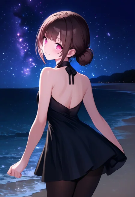 1girl, cowboy shot, standing, from behind, looking back, short hair, brown hair, pink eyes, single hair bun, black dress, sleeveless dress, halterneck, black pantyhose, bare shoulders, bare arms, closed mouth, smile, outdoors, beach, starry sky, night, night sky