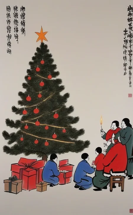 <lora:feng_zikai_style:1> chinese painting of Christmas faimly time, feng zika style