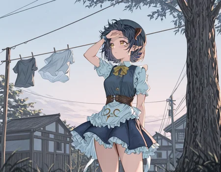 masterpiece, amazing quality, high resolution, 4ldehyde, D4isy, short hair, bob haircut, devil horns, small breasts, maid uniform, outside, tree, clothesline, drying clothes, windy, arm in forehead, looking toward sky, sunny