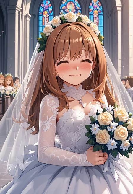 score_4,score_5,score_6,score_7_up,score_8_up,score_9 ((masterpiece,best quality,ultra detailed,highres,HD,4k:1.2)),
1girl,solo,girl focus,solo focus,
Kohaku,brown hair, orange eyes, long hair,((straight hair)), sidelocks,
wedding dress, wedding veil,bouquet, wedding ceremony, church, happy,smile,blush,
((closed eyes)),happy,smile,blush,tear,Tears of joy, toothy smiles,looking at the viewer,