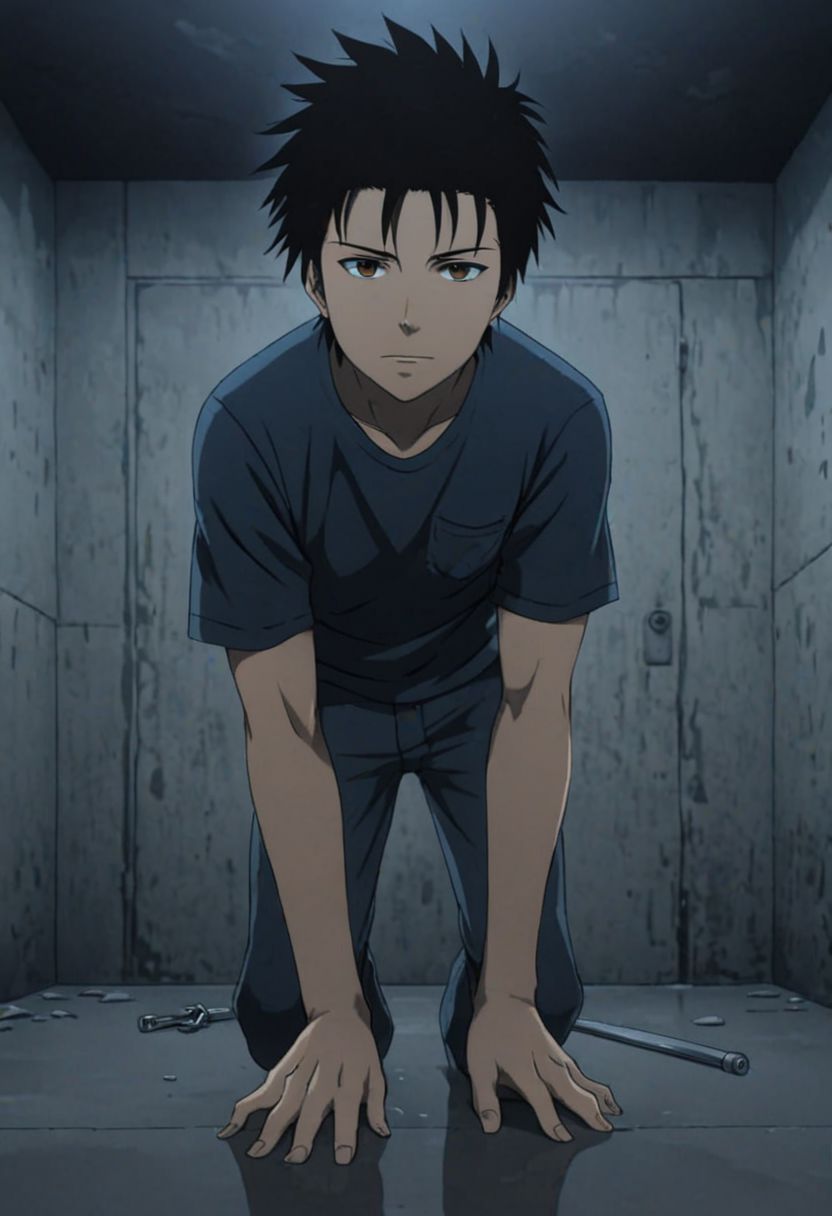 Highres, Masterpiece, High Quality, 4K, 8K, solo, 1Boy, Soujirou Agata, brown eyes, black hair, interrogation room, kidnapper, basement, dark, dimly lit, concrete walls, eerie, abandoned room, damp, stuffy, concrete floor, satisfied expression, revenge, looking down at viewer from bottom, threatening, intimidating, dominant, standing on top, weapons, rulers, easynegative, detailed_eye_model