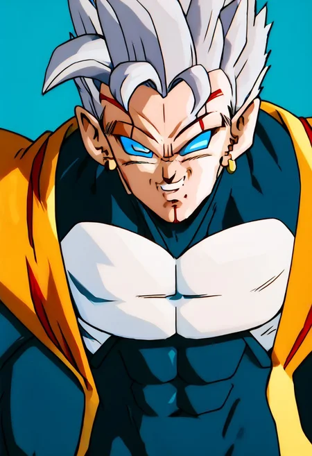 score_9, score_8_up, score_8, -man,solo, Mature man, pants on, markings on face, red markings , fully clothed, eyes all blue, solid blue eyes 4k, High Quality, yellow vest, white top, gray hair male , blue eyes, no inner eye, no pupils, nothing in eyes, blank eyes, tight black bodysuit pants, red eyebrows, red under mouth, blue sclera, no iris , muscle, big shoulders, big arms, big legs, big thighs, male wearing a black lycra, vegeta sufurujin jacket, tight-fitting black lycra, sufurujin vegeta outfit, red marking on chin, red marking below mouth,no whites in male's eye, no inner eye on male , one solid eye color, evil smile, evil expression,
-
FgohanSS,super saiyan,
-
, style of akira toriyama, earrings,standing,