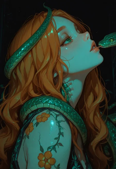 Masterpiece, newest, absurdres, score_9, score_8_up, score_7_up, detailed background, detailed shading, masterpiece, high quality, insane details, PRSNL4 Style, very aesthetic, digital drawing, woman, adult, best quality, masterpiece, absurdres, side view, head tilted, a highly detailed digital painting of a young woman with fair skin and freckles, featuring a strikingly realistic style. She has long, dark, wavy hair and expressive green eyes. Her lips are full and slightly parted, giving her a serene yet enigmatic expression. Surrounding her head are three large, green snakes with orange spots, their forked tongues extended as if they are about to taste the air. The snakes' scales are intricately detailed, adding texture to the image. The woman is wearing a light-colored, floral-patterned dress that contrasts with the dark, almost black background. The camera angle is a close-up, focusing on her face and the upper part of her body, with the snakes coiled around her head and shoulders. The lighting highlights her smooth skin and the glossy texture of the snakes' scales, creating a dramatic and slightly surreal atmosphere., moonlight, detailed background, vivid colors, intricate sexy, twilight, comic style