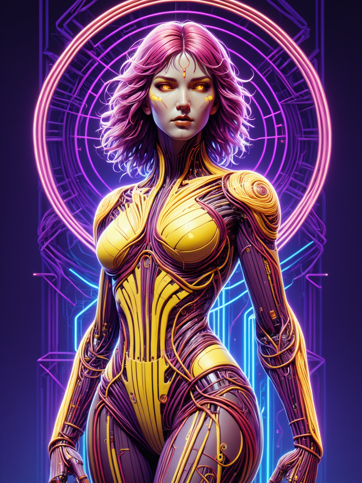 female cyborg made of mad-cable,  in the style of alphonse mucha, geometric pattern in the background, neon_red lightning, neon_yellow lightning, neon_purple lightning, cables, wires, synthwave, vaporwave, retro futurism, Standing tall pose   <lora:Cables_SDXL:0.8>  <lora:Neon_Cyberpunk_SDXL_Cyberspace:0.5> mad-cyberspace, cyberpunk, scifi, 1980s, retro <lora:aesthetic:1> aesthetic <lora:sd_xl_dpo_lora_v1:1>, (masterpiece:1.2), best quality, (hyperdetailed, highest detailed:1.2), high resolution textures