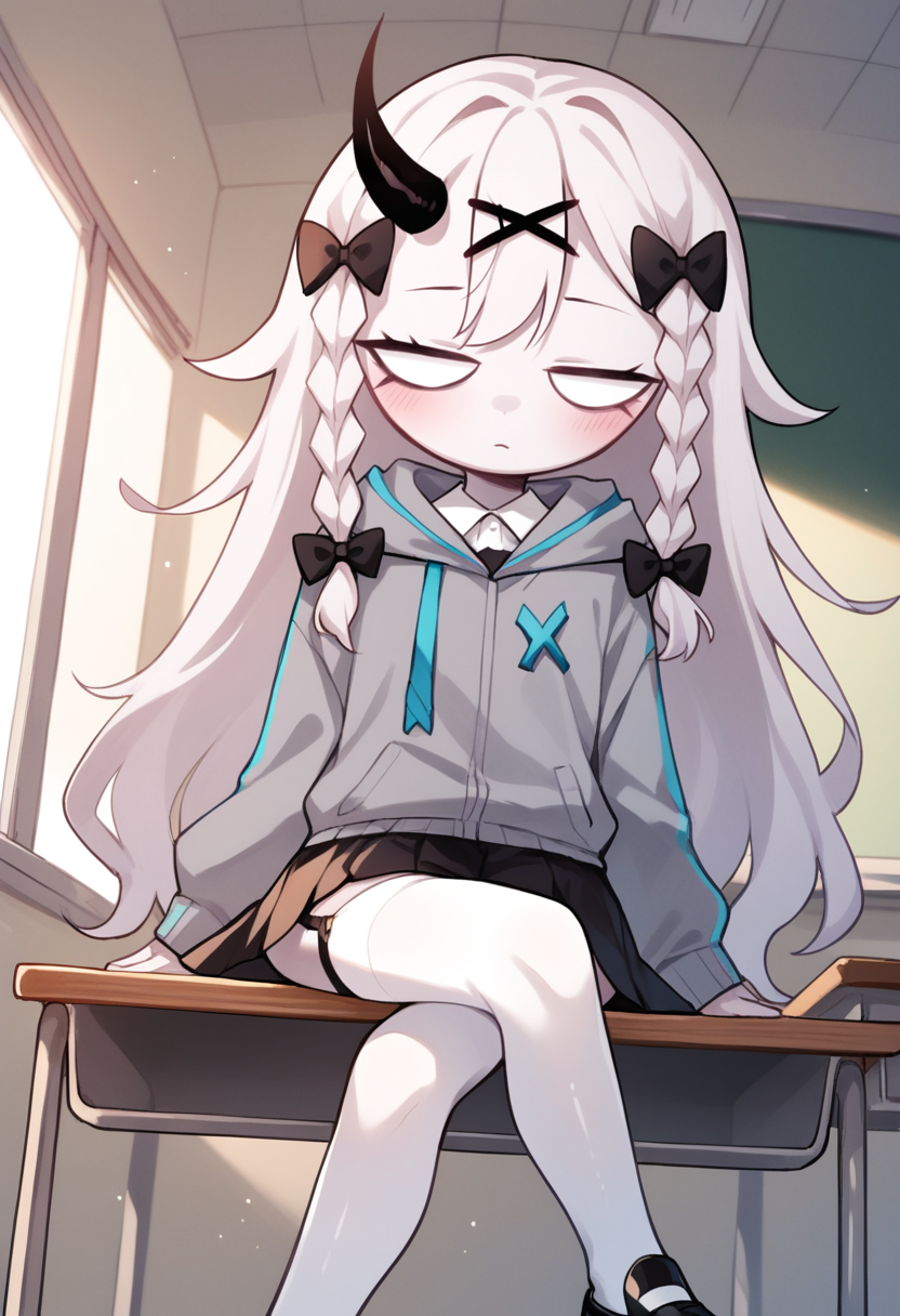 masterpiece, best quality, uncensored, source_anime BREAK score_9, score_8_up, score_7_up, score_6_up, score_5_up, score_4_up, 1girl, solo, rasazyfnf, single horn, white eyes, no pupils, long hair, white hair, white skin, twin braids, x hair ornament, hair bow, Expressiveh, chibi, grey jacket, hood, long sleeves, cyan lines, black skirt, white thighhighs, bow, black garter straps, black footwear, shoes, sitting, crossed legs, from below, detailed background, indoors, sitting on school desk, classroom <lora:Expressive_H:0.6> <lora:add-detail-xl:0.5> <lora:Rasazy_MFM_Fnf:0.8>