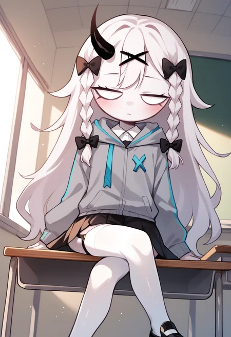 masterpiece, best quality, uncensored, source_anime BREAK score_9, score_8_up, score_7_up, score_6_up, score_5_up, score_4_up, 1girl, solo, rasazyfnf, single horn, white eyes, no pupils, long hair, white hair, white skin, twin braids, x hair ornament, hair bow, Expressiveh, chibi, grey jacket, hood, long sleeves, cyan lines, black skirt, white thighhighs, bow, black garter straps, black footwear, shoes, sitting, crossed legs, from below, detailed background, indoors, sitting on school desk, classroom <lora:Expressive_H:0.6> <lora:add-detail-xl:0.5> <lora:Rasazy_MFM_Fnf:0.8>