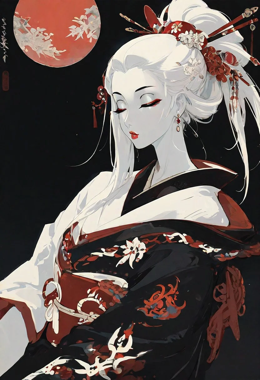 masterpiece, best quality, amazing quality, 1girl, solo, long hair, hair ornament, upper body, closed eyes, white hair, ponytail, earrings, parted lips, japanese clothes, kimono, lips, makeup, colored skin, black background, lipstick, pale skin, eyeshadow, eyeliner, red lips, hair stick, circle, Cinematic Lighting, ukiyo-e