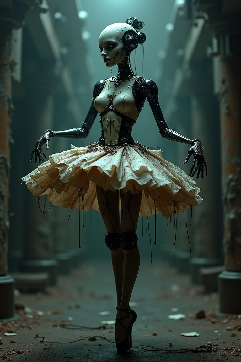 A captivating image of a dark, eerie ballerina robot, imbued with a cosmic horror theme. The robot stands gracefully in a dramatic pose, its body illuminated by dim, otherworldly light, casting elongated shadows. Its intricate design combines steampunk and dark fantasy elements, with a worn, organic appearance to its skirt that evokes decay and surrealism. Surrounding the robot is a mysterious, mechanical background that adds to the haunting atmosphere. The combination of these elements creates a striking visual narrative of a haunting, otherworldly dancer, drawing the viewer into a world of enigmatic beauty and chilling wonder.