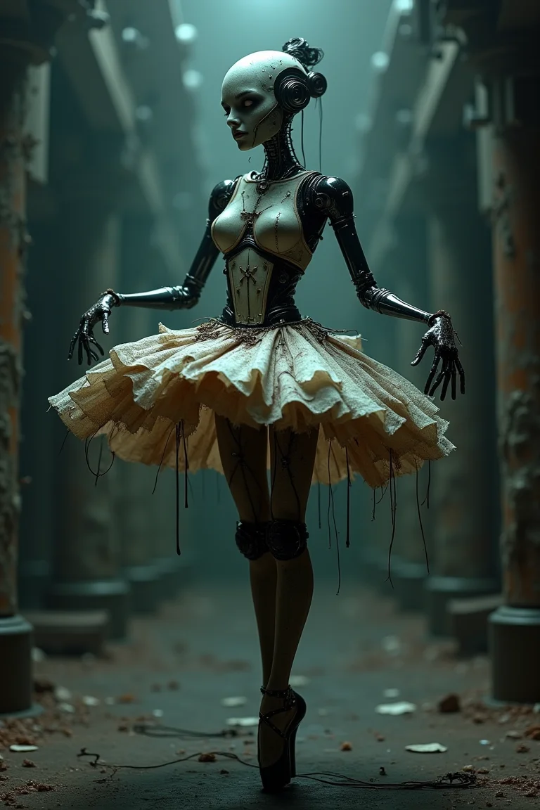 A captivating image of a dark, eerie ballerina robot, imbued with a cosmic horror theme. The robot stands gracefully in a dramatic pose, its body illuminated by dim, otherworldly light, casting elongated shadows. Its intricate design combines steampunk and dark fantasy elements, with a worn, organic appearance to its skirt that evokes decay and surrealism. Surrounding the robot is a mysterious, mechanical background that adds to the haunting atmosphere. The combination of these elements creates a striking visual narrative of a haunting, otherworldly dancer, drawing the viewer into a world of enigmatic beauty and chilling wonder.