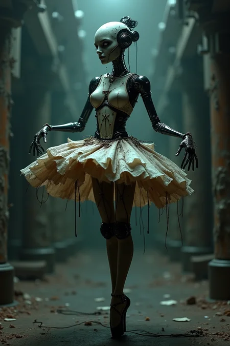 A captivating image of a dark, eerie ballerina robot, imbued with a cosmic horror theme. The robot stands gracefully in a dramatic pose, its body illuminated by dim, otherworldly light, casting elongated shadows. Its intricate design combines steampunk and dark fantasy elements, with a worn, organic appearance to its skirt that evokes decay and surrealism. Surrounding the robot is a mysterious, mechanical background that adds to the haunting atmosphere. The combination of these elements creates a striking visual narrative of a haunting, otherworldly dancer, drawing the viewer into a world of enigmatic beauty and chilling wonder.