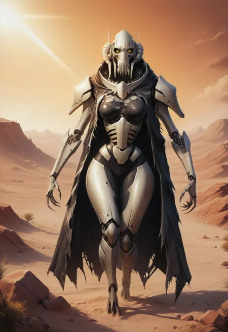 score_9, score_8_up, score_7_up, rating_questionable, source_cartoon, solo, general grievous, general_grievous, robot, curvy, torn cloak, yellow eyes, black rubber skin, wide hips, stooping, medium breasts, desert, four arms, rusty, scenery, god rays, concept art, digital art, realistic,