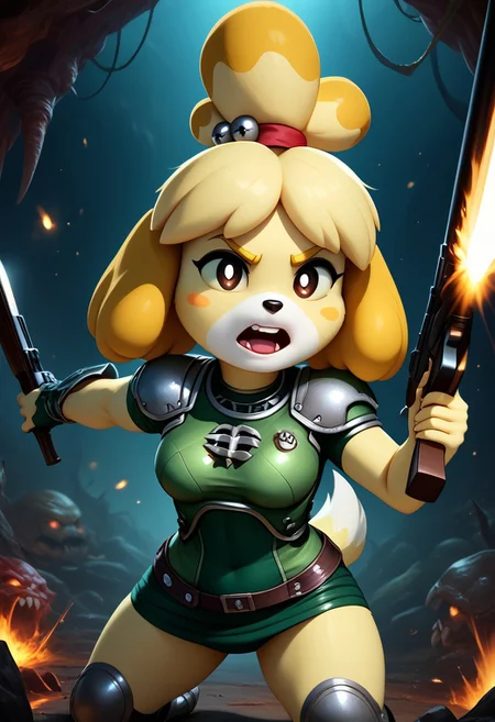expressiveh, score_9, score_8_up, score_8, (1girl), solo, realistic, BREAK, doom girl, armor, isabelle \(animal crossing\), firing super shotgun at demons, hell, action shot