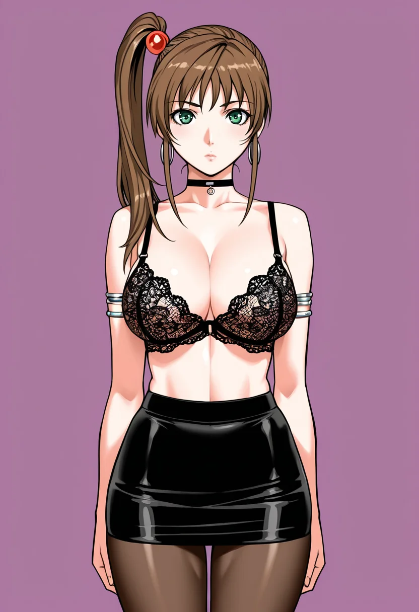 masterpiece, best quality,
1girl, solo,
standing, cowboy shot,
looking at viewer,
<lora:Kurumi_Imari:1> K0r0m11Im4r1, side ponytail, long hair, brown hair, hair bobbles, hair ornament, green eyes, large breasts,
pantyhose, see-through clothes, miniskirt, lace bra, armlet, choker, hoop earrings,
simple background, violet background,
