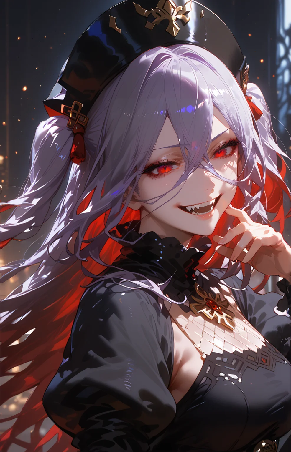 <lora:Overlord:0.4>,<lora:GEN 0.1v:0.8>,<lora:Expressive_H-000001>,source_anime,score_9,score_8_up,score_7_up,score_6_up,dark theme,low light,sidelighting,
1girl,solo,adult,tall female,two-tone hair,silver purple hair,long hair,long bangs,two side up,full bangs,hair between eyes,straight hair,red eyes,pale skin,medium breasts,glowing eyes,light particles,black dress,red accent,high collar,black headwear,puffy sleeves,ojou-sama pose,blood,fangs,intricate dress detail,bloom effect,smile,teeth,half-closed eyes,