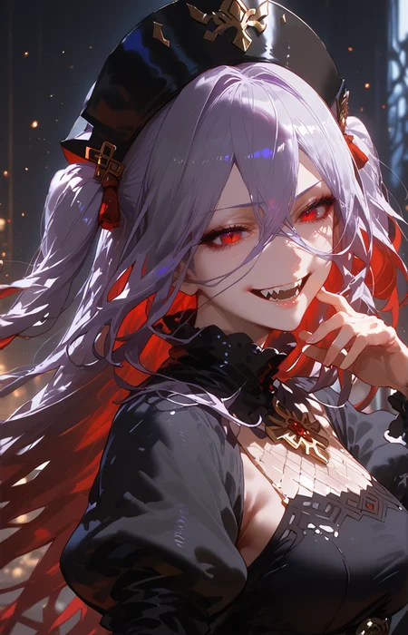 <lora:Overlord:0.4>,<lora:GEN 0.1v:0.8>,<lora:Expressive_H-000001>,source_anime,score_9,score_8_up,score_7_up,score_6_up,dark theme,low light,sidelighting,
1girl,solo,adult,tall female,two-tone hair,silver purple hair,long hair,long bangs,two side up,full bangs,hair between eyes,straight hair,red eyes,pale skin,medium breasts,glowing eyes,light particles,black dress,red accent,high collar,black headwear,puffy sleeves,ojou-sama pose,blood,fangs,intricate dress detail,bloom effect,smile,teeth,half-closed eyes,