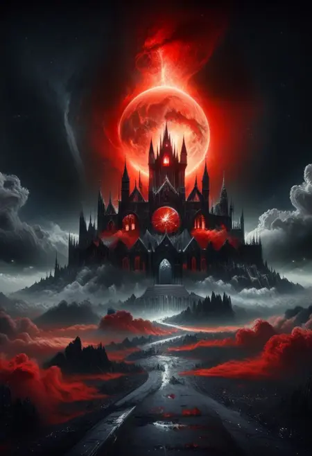 A large castle ,night time, red, black, grey colors, giant red moon in sky, cosmic sky, clouds, Cyberspace, realistic,