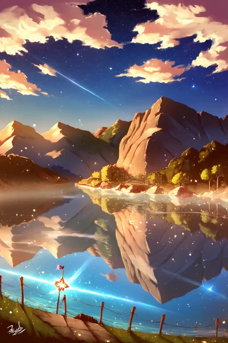 PDXL, source_anime, <lora:AlpcmasV1:1>, alpcm4s, landscape,
giant lake, night sky, stars, galaxies,
volumetric reflections, volumetric shadows, HDR, shot on Canon DSLR