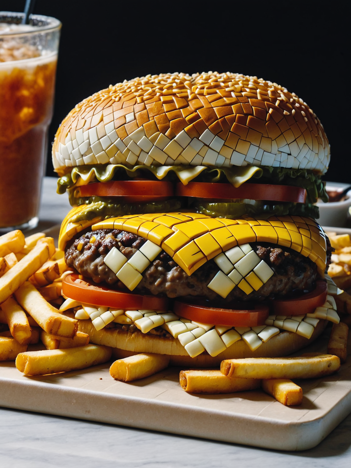 A ais-mosaic Cheeseburger and fries <lora:Mosaic_Texture_SDXL:1>