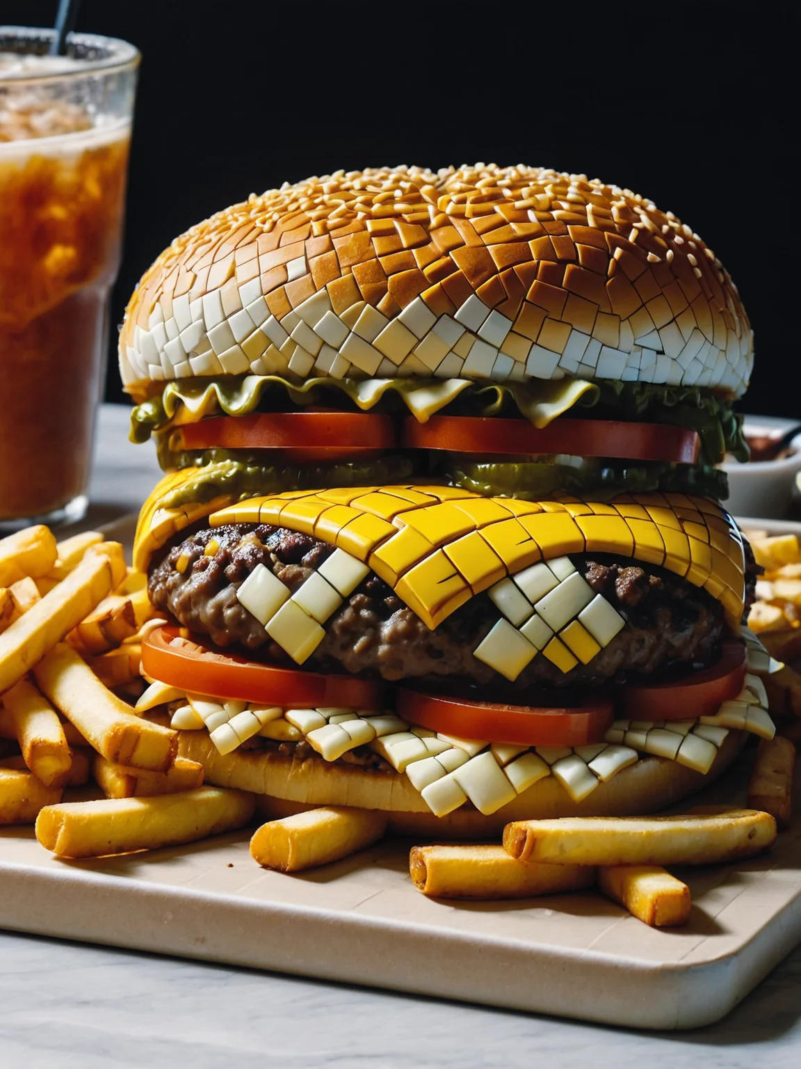 A ais-mosaic Cheeseburger and fries <lora:Mosaic_Texture_SDXL:1>