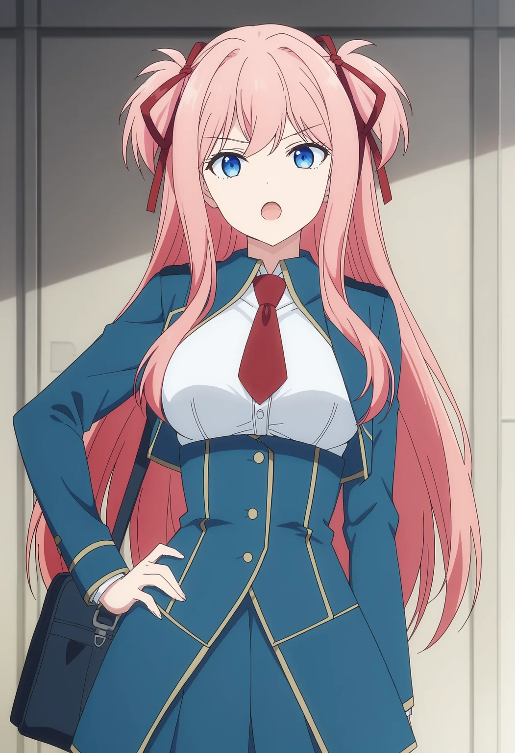 EBLilia, 1girl, solo, long hair, looking at viewer, open mouth, blue eyes, skirt, shirt, ribbon, school uniform, jacket, hair ribbon, white shirt, pink hair, necktie, bag, red ribbon, two side up, blue skirt, hand on hip, blue jacket, red necktie, high-waist skirt,
<lora:LiliaKudelfeyt-08:1>, <lora:xl_more_art-full_v1:0.8>